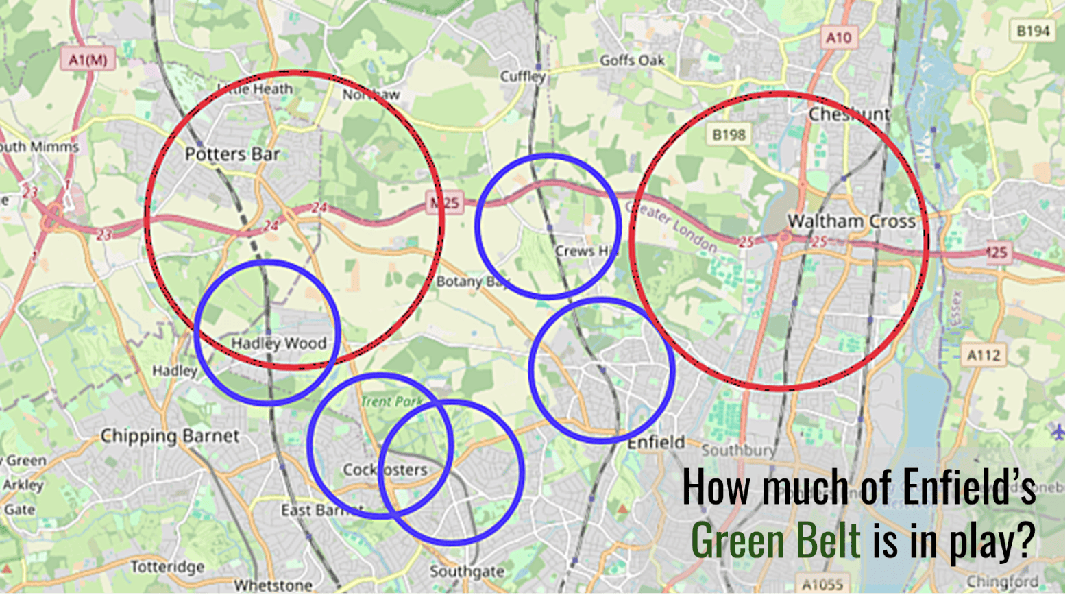 Map showing Enfield Green Belt areas affected by draft London Plan housing and industrial location tests.